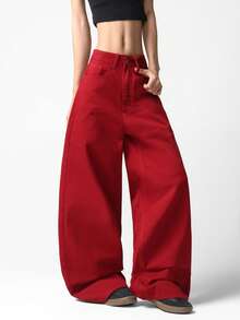 1 Stück Damen Casual Loose Fit Weite Bein Jeans, Burgunderfarben, bequem und vielseitig für den täglichen Gebrauch (Gürtel/Accessoires nicht enthalten) - Bordeaux - Übersicht 9