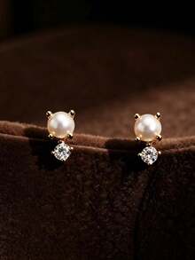 Women's Minimalist 14K Gold-Plated Rhinestone & Pearl Earrings, Suitable For Wedding Or Daily Wear, Bride's First Choice - Gold - View 6