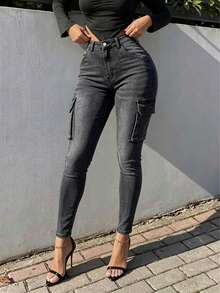 Celana Jeans Kargo Skinny Elastis Multi-Saku Gaya Y2K untuk Wanita - Abu-abu Tua - View 5