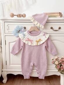 Baby Girl Spring/Autumn Knitted Romper Set, Taro Purple Textured Ribbed Wavy Ruffle Peter Pan Collar Colorful Ribbon Bow Crawler - Lilac Purple - View 1