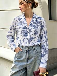 Women's Vintage Floral Print Button Front Notch Lapel Long Sleeve Shirt For Business, Office, Commute, Vacation, Holiday, Spring Fall Winter - Blue - View 4