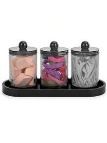Set Organizer Kamar Mandi Modern, Dispenser Kapas & Wadah Penyimpanan Kapas dengan Baki Hitam, Organizer Penyimpanan Makeup Minimalis, Stoples Penyimpanan Kapas Kosmetik dengan Tutup - MultiWarna - View 1