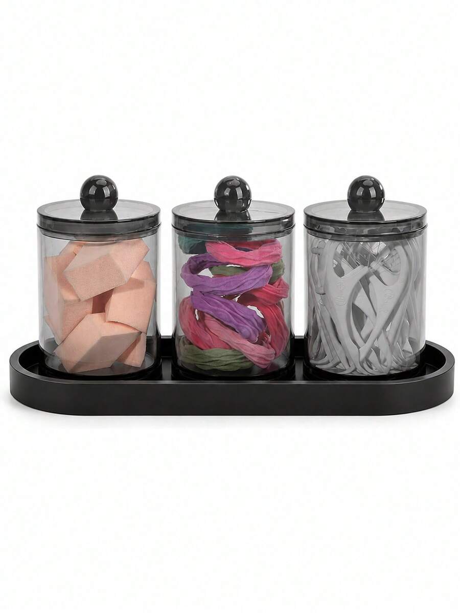Set Organizer Kamar Mandi Modern, Dispenser Kapas & Wadah Penyimpanan Kapas dengan Baki Hitam, Organizer Penyimpanan Makeup Minimalis, Stoples Penyimpanan Kapas Kosmetik dengan Tutup - MultiWarna - View 1
