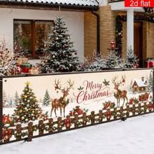 1pc Winter Christmas Theme Garden Sign Banner, Polyester, Reindeer Christmas Tree, Gift Sleigh, Snowy Ground Cabin Background. Suitable For Garden Fences, Patios, Walls, Christmas Parties, Etc. - A - View 9