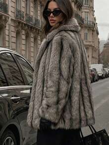 Pocketed, Lined, Mixed Color Gradient Faux Fur Coat, Oversized Lapel, Loose Drop Shoulder, Short Silhouette, Buttonless Open Front, Thick Plush Warm, Autumn/Winter Cool Style Women's Plush Coat - Multicolor - View 3