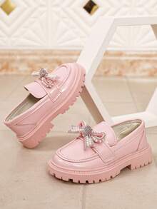 British Style Girls Pink Loafers, Spring/Autumn Thick Sole, Bow Decor, Slip-On, Versatile Princess Party Shoes For Toddlers And Young Children - Pink - View 3