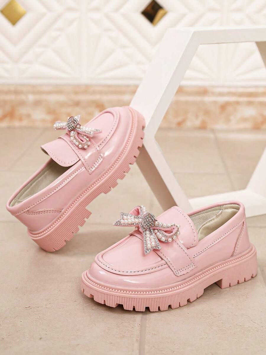 British Style Girls Pink Loafers, Spring/Autumn Thick Sole, Bow Decor, Slip-On, Versatile Princess Party Shoes For Toddlers And Young Children - Pink - View 1
