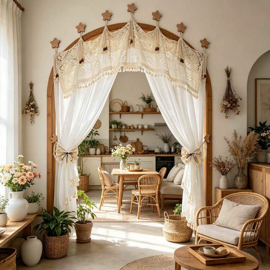 1pc Bohemian Style Crochet Lace Semi-Sheer Curtain With Tassel Tieback, American Country Style Translucent Archway Partition Curtain, Suitable For Hallway, Kitchen, Bedroom And Living Room Zoning