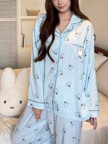Gongdie 2 Pieces Miffy Women's Pajama Set,Fall Blue Soft Loungewear With Pocket - Baby Blue - View 2
