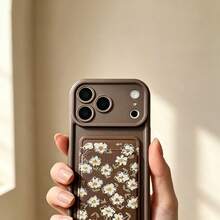 1pc Ins Stair Frame + Card Holder Floral Pattern Phone Case, Compatible With 17 16 15 14 13 12 11 Pro Max, Transparent Phone Protective Cover Waterproof Shockproof Scratch-Resistant - Brown - View 2