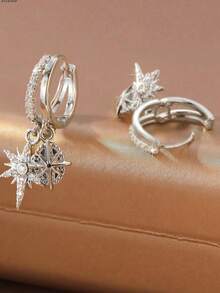 Minimalist Luxury Cross Starburst Double Layer Earrings, Silver Plated Wide Band Cubic Zirconia Hoop Earrings, Niche Design Office/Party Jewelry - Silver - View 4