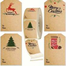 1 Roll 300pcs Christmas Kraft Paper Gift Labels Stickers, Merry Christmas To From Gift Tags, Reindeer Christmas Tree Christmas Sock Pattern Self-Adhesive Paper Holiday Gift Wrapping Decoration - Multicolor - View 2