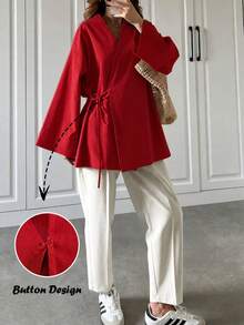 Chaqueta de mujer de manga larga con lazo en la parte delantera, estilo minimalista, nueva para otoño, adecuada para todas las estaciones, color rojo primavera - Rojo - Ver 7