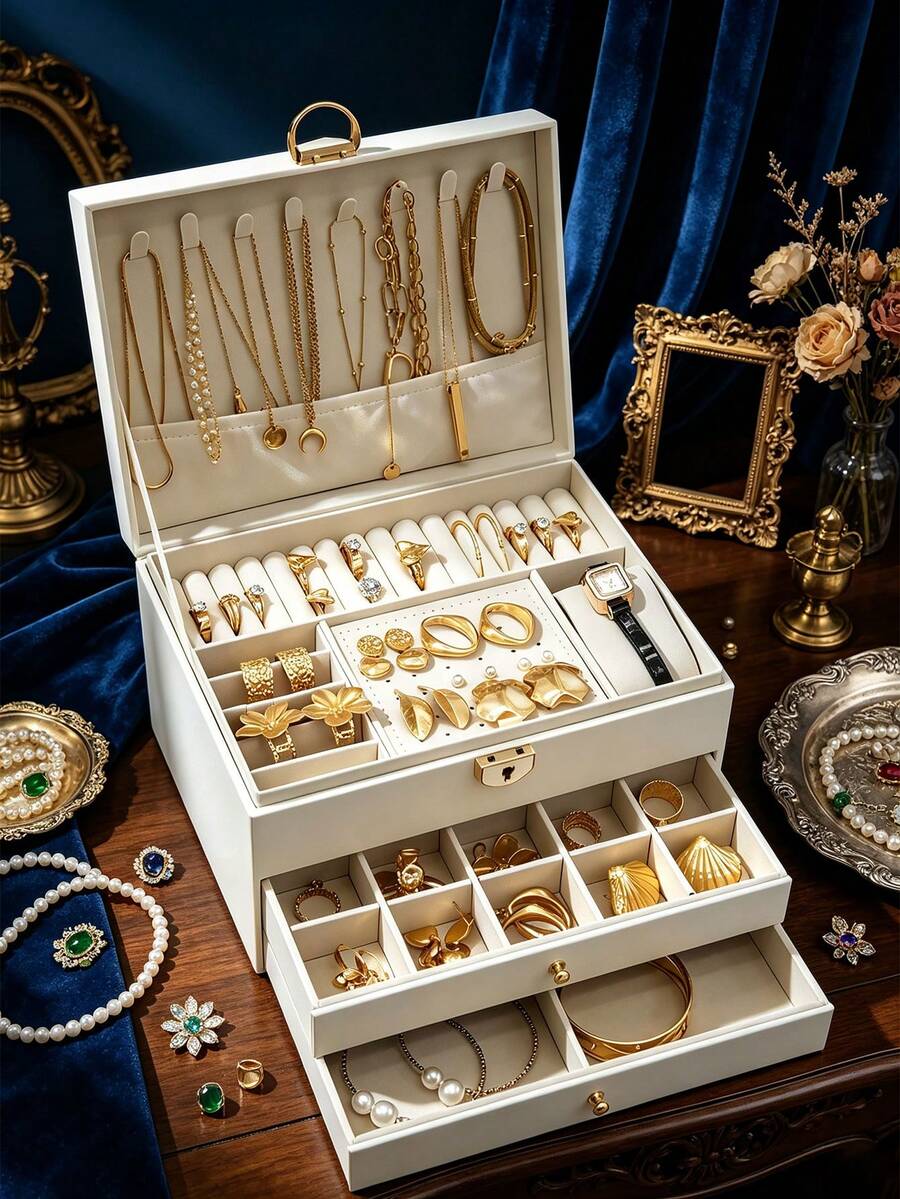 1pc Large Capacity Diamond Drawer Jewelry Box, White Green Color Block Black Optional, Top Layer Necklace Hooks Ring Slots Earring Board, Bottom Layer Drawer Compartments, Lockable Dust-Proof, Vanity Storage Watch Slot, Anti-Oxidation, Necklace Hooks, Home Use Zipper - Multicolor - View 1