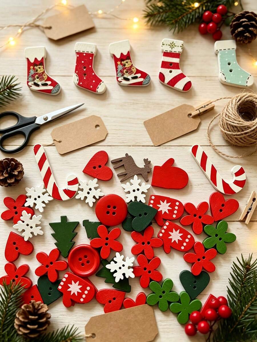 50Pcs-Assorted Christmas Craft Button Set, Perfect For DIY Projects, Bullet Journals, And Decorations-Suitable For Ages 14 And Up; Sewing Supplies, Sewing Fasteners, Buttons, Wedding Keepsakes, And Bridal Favor Accessories - Multiple Styles - View 1