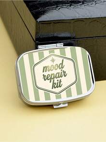 2D Flat Printing, Vintage Yellow And White Striped Creative Mood Slogan Pattern Square Small Pillbox, Two-Compartment Portable Storage Case, Pocket-Sized Container For Small Items, Accessories, Medicine, And Vitamins, Only Empty Bag - Multicolor - View 6