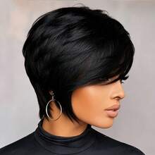 Wig Potongan Pixie Pendek, Rambut Manusia Perawan Brasil, Wig Potongan Pixie Berlapis Belahan Samping Panjang untuk Wanita, 6 Inci, Kepadatan 150%, Buatan Mesin Sepenuhnya, Tanpa Renda, Cocok untuk Pemakaian Sehari-hari, Pesta dan Cosplay, Warna 1B# - S1 - View 4