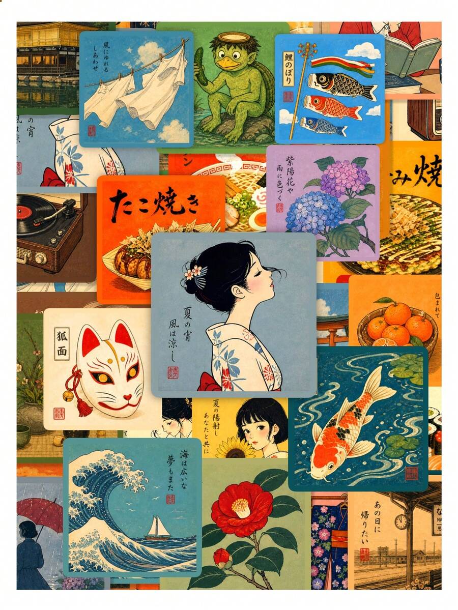 50Pcs Traditional Retro Japanese Art Mixed Stickers, Watercolor Aesthetics Waterproof Vinyl Decals For Phone, Kindle, Notebook, Luggage Decoration - Multicolor - View 1