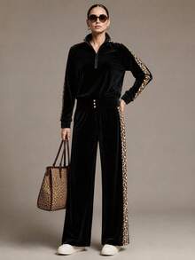 Women's Velvet Leopard Print Patchwork Half-Zip Stand Collar 2 Pieces Set, Casual Long Sleeve Top And Wide Leg Pants Sports Outfit - Black - View 2