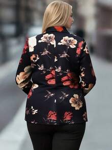 HOMEYEE Floral Print Long Sleeve Blazer Jacket With Pockets, Vintage Elegant Casual Suitable For All Seasons, Plus Size Vacation Spring Fall - Burgundy - View 3