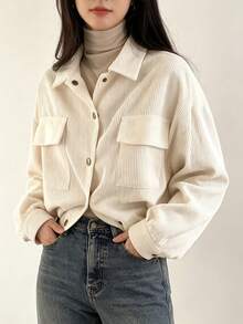 YUXIN Women's Cream Corduroy Shacket Cropped Collared Button Up Chest Pockets Oversized Long Sleeve Retro Casual Jacket For Fall Winter Layering - Apricot - View 9