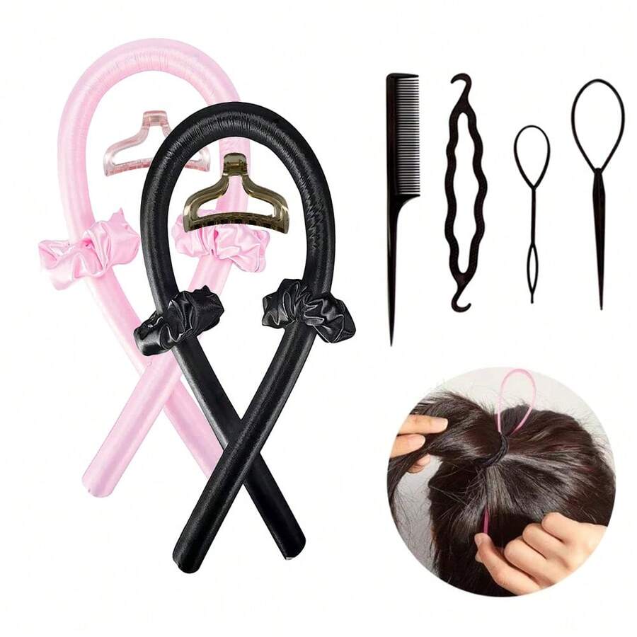 8pcs Heatless Curling Hair Styling Tool Set, Heatless Curling Rod Hair Band, Heatless Silk Satin Ribbon Curling Rod, Curling Device With Hair Clips, Slouchy Natural Soft Wave DIY Curling Tool Suitable For Overnight Sleep Use, Hair Care Products And Accessories, Ponytail Clip, Braid Maker, Pointed Tail Comb, Hair Pulling Needle, Hair Piercing Rod, Hair Tugging Tool For Women And Girls Of All Hair Types - Multicolor - View 1