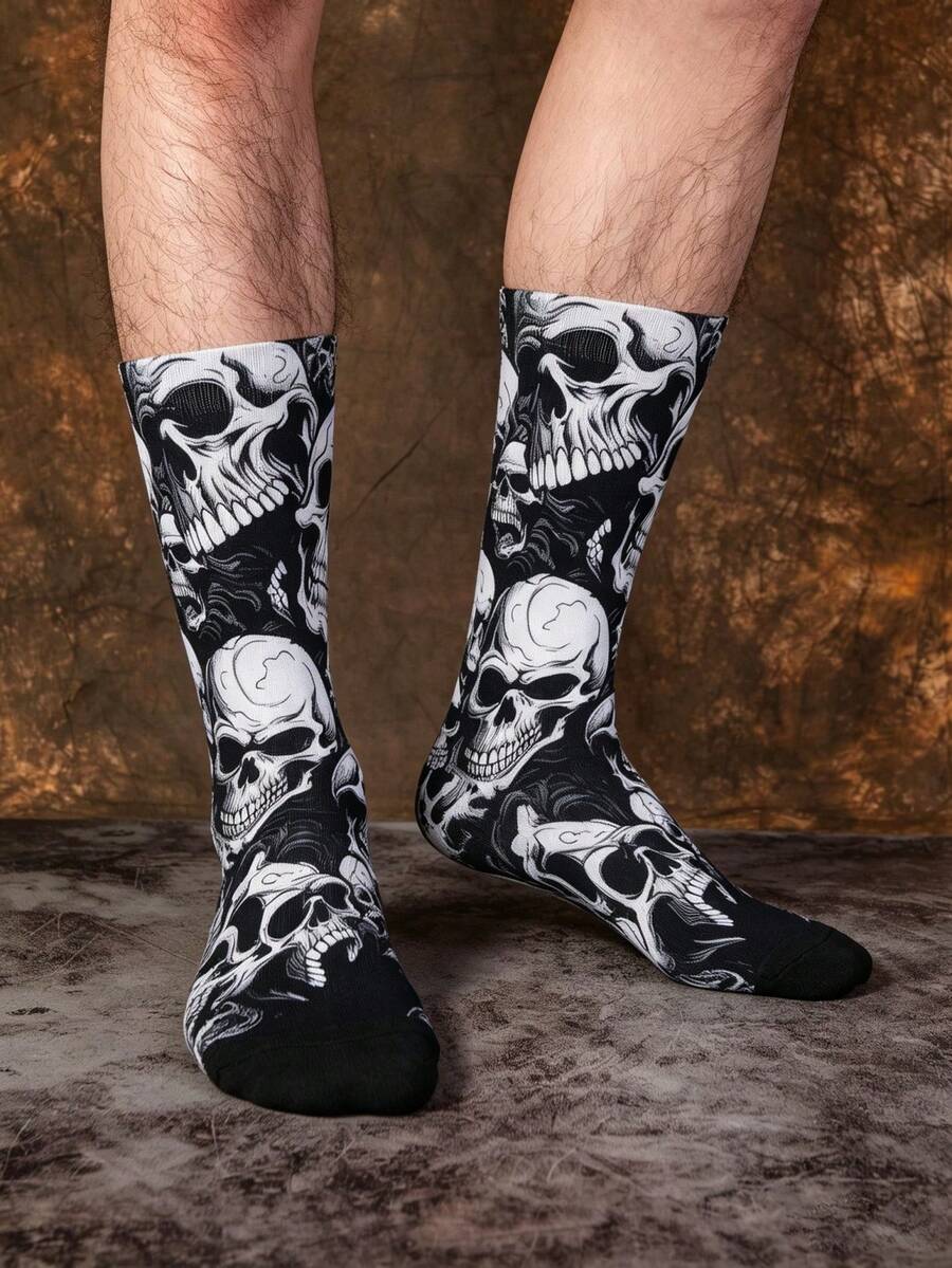 1/3 Pairs Street Dark Punk Style Personalized Mid-Calf Socks, Halloween Funny Skull Jacquard Men's Socks - Multicolor - View 1