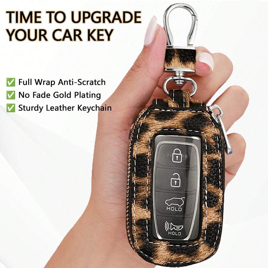 1pc Microfiber PU Leather Leopard Print Window Design Universal Car Key Cover Protective Case Anti-Loss Anti-Scratch Key Storage Protective Cover Visible Buttons Suitable For All Car Keys Bag Pendant Gift For Friends