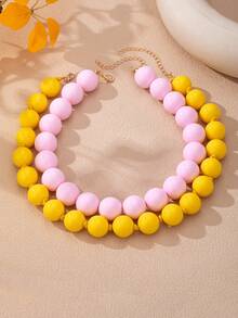OABE 2pcs/Set Bohemian Style Dopamine Pink And Yellow Contrast Design Women's Layered Necklace Set, Suitable For Daily Wear, Holiday/Birthday Surprise Gift - Multicolor - View 4
