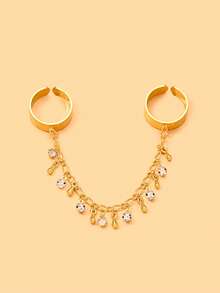 Ins Vintage Style Open Wide Ring Connected Bracelet Ring With Multiple Dangles, Rhinestones And Gold Beads, One-Piece Double Finger Ring - Pendants - View 2
