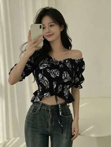 2025夏季女款可愛甜美風客製化花卉印花花瓣袖襯衫 - 黑色 - 查看 4