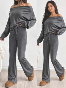 Women's Casual Off Shoulder Two Pieces Outfit With Drawstring Top And Flare Leg Pants, Medium Stretch For Fall And Winter Comfort Style - Dark Grey - View 6