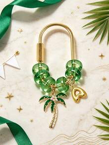 Palm Tree Golden Letter Pendant Keychain, Green Transparent Bead U-Shaped Keychain Ring, Arabic Theme Women's Pendant, Multi-Functional Decoration For Handbags, Backpacks, Car Keys, Wallets, National Day Party Gift And Souvenir, Suitable For Christmas, Thanksgiving, New Year, Birthday Gifts - Multicolor - View 2
