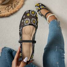 Square Toe Mesh Hollow Out Elastic Strap Mary Jane Flat Breathable Thin Ballet Style Shoes - Black - View 12