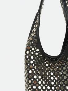 Dedoo Black V-Shaped Double-Sided Studded Bucket Bag, Punk Style Heavy-Duty Rivet Embellished Underarm Shoulder Bag, Suitable For Work Commute And Shopping - Black - View 10