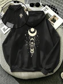 Plus-Size Gothic Style Hooded Sweatshirt For Women, Casual Style, Double-Sided Graphic Print Of Moon, Sun And Stars, Suitable For Autumn And Winter. - Black - View 3