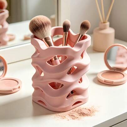1pc Cosmetic Storage Box, Matte Pink Wavy Coral Hollow Makeup Brush Holder, Organic Layered Wavy Cut Makeup Brush Cup, Modern Ins Style Aesthetic Desktop Brush Organizer, Suitable For Makeup Brushes And Eyebrow Pencils, Artistic Vanity Storage Supplies, Bedroom Home Decor