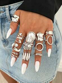 12/1pc Vintage Fashion Punk Style Irregular Pearl Pleated Geometric Silver Ring Set, Suitable For Women's Daily Wear, Party, Vacation, Gathering, Layering, Gift - Silver - View 5