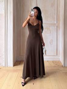 Women's Casual V-Neck Spaghetti Strap Maxi Dress, Flowy Flared Swing Long Party Gown For Birthday, Vacation, Holiday Events, Brown - Brown - View 2