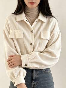 YUXIN Women's Cream Corduroy Shacket Cropped Collared Button Up Chest Pockets Oversized Long Sleeve Retro Casual Jacket For Fall Winter Layering - Apricot - View 6