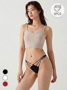 Mystèrelle 3pcs Women's Solid Color Comfortable Knit Fabric Shiny Strap Design Thong Panties - Multicolor - View 1