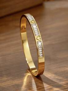1/3pcs 18K Gold Plated Heart-Shaped 304 Stainless Steel Bracelet Set, Fashion Women's Jewelry With Cubic Zirconia, Stackable Gold-Tone Accessories. High-Quality Heart Bracelet Set, Suitable For Daily/Valentine's Day/Girlfriend/Lover Wear And Women's Gifts - Gold - View 8
