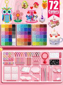 24/48/72/96 Colors Hot Melt Beads Creative Handmade Set, Includes Square Pegboard, Multi-Layer Storage Box, Ironing Paper, Colorful Keychains, Decorative Accessories, Hanging Rope, Suitable For DIY Enthusiasts Handmade Puzzle Making, Valentine's Day Gift - Multicolor - View 16