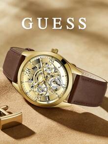 Guess 男士鏤空錶盤皮革錶帶腕錶，圓形暖色調錶殼，露齒輪錶盤，多錶盤計時碼錶風格，類比石英錶，辦公室禮物 - 均碼 - 查看 4