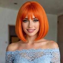 12 Inch Orange Short Straight Wig With Bangs For Women, High Temperature Fiber, High Density, Soft Smooth Voluminous, Suitable For Daily, Holiday, Music Festival, Christmas Party, Halloween, All Women - Orange - View 2