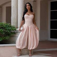 Women's Sleeveless Pink Knit Fabric Short Jumpsuit, Slight Stretch, Bandeau Design, Harem Pants Style - Pink - View 3
