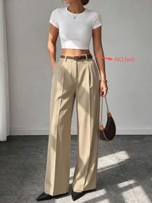 Women's High Waist Pinstripe Wide Leg Pants, Casual Commute Suit Trousers - Khaki - View 1