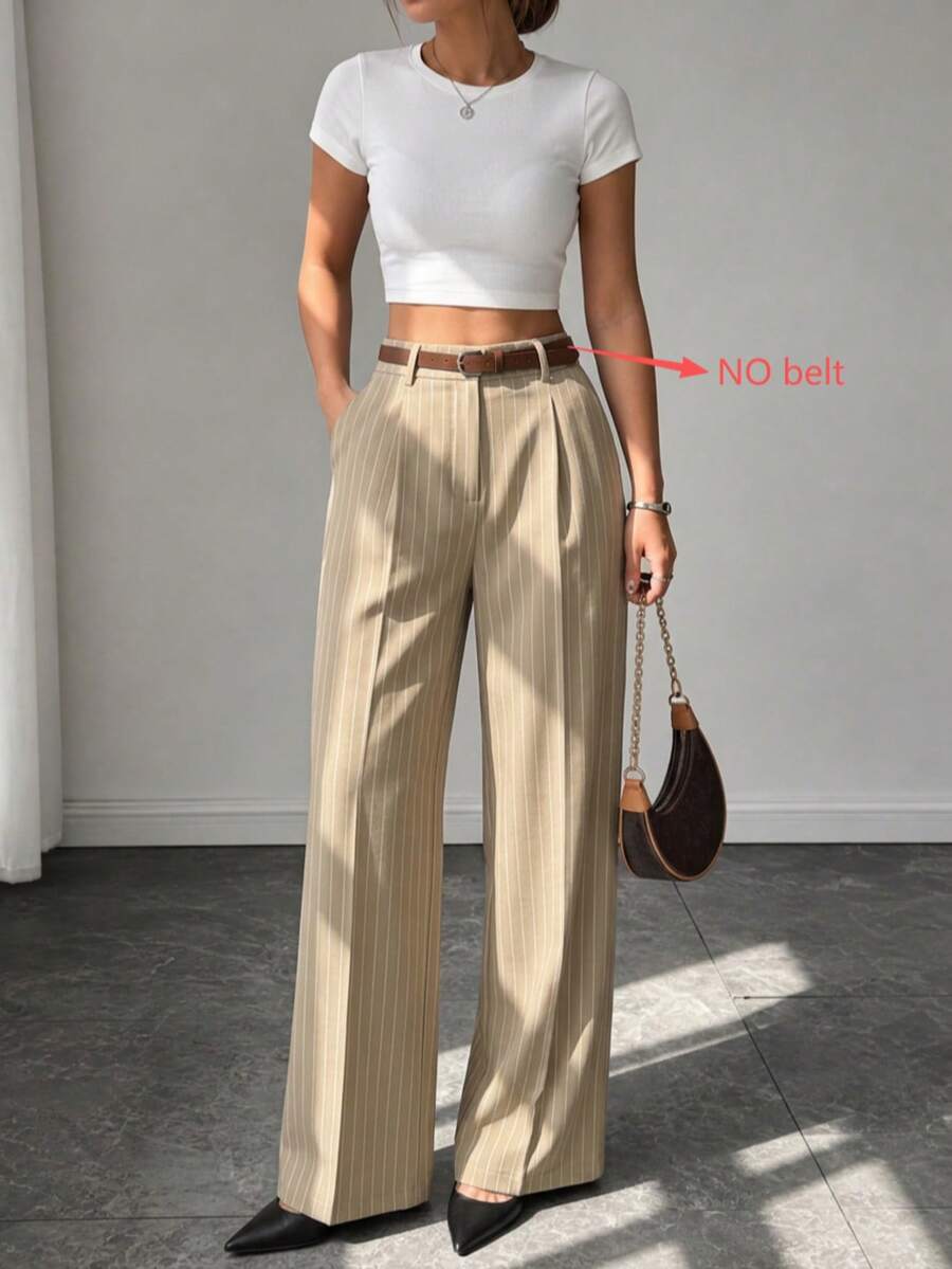 Women's High Waist Pinstripe Wide Leg Pants, Casual Commute Suit Trousers - Khaki - View 1