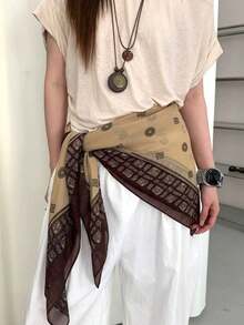 1pc Women's Summer Thin 110CM Large Square Scarf, Vintage Floral Print Decorative Shawl - Khaki - View 4