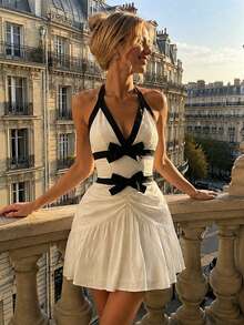 Perirose Women's Black White Contrast Halter Mini Dress, Bow Detail Backless Fit And Flare Sleeveless A Line Dress, Summer Fall Party Going Out Chic - Black and White - View 1